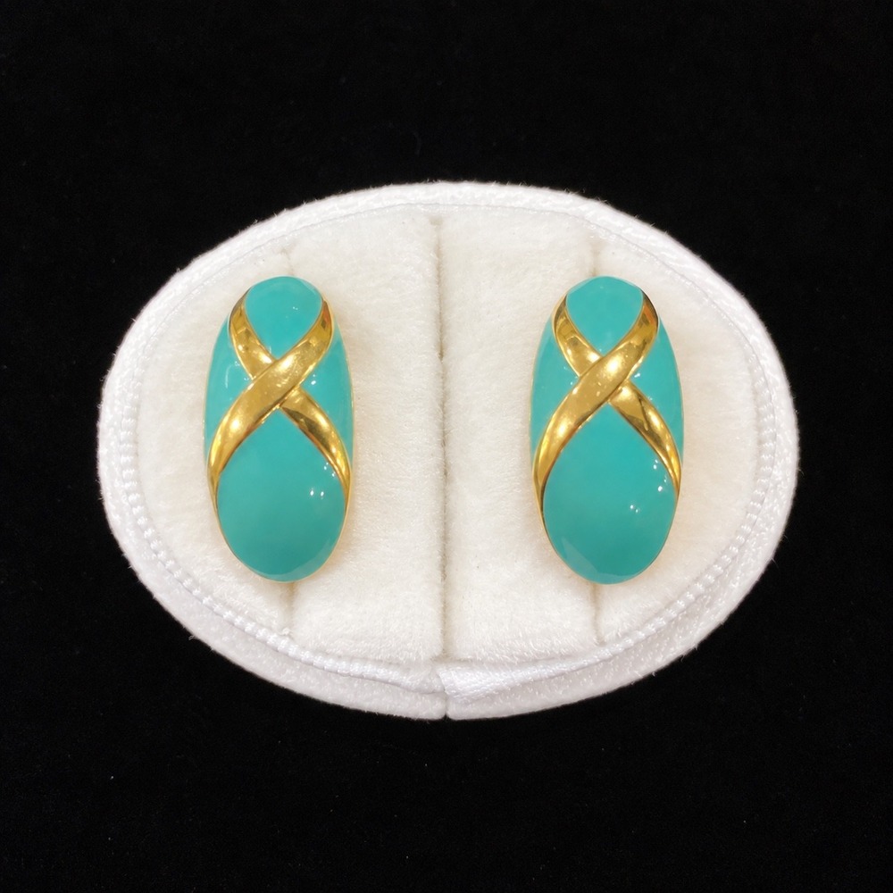 Vtg Turquoise Enamel Clip On Earrings Gold Tone Oval Crisscross X Statement MCM